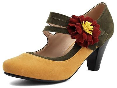 elerhythm - Scarpe Mary Jane da donna con fiore, cinturino alla caviglia, stile vintage, tacco alto, anni 1920, pumps con punta chiusa e tonda, anni 1950, vittoriane, scarpe retrò, giallo., 37 EU