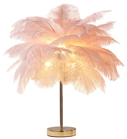 DUNMW Lampada da tavolo creativa con piume di struzzo rosa, lampada da comodino di lusso ed elegante, luce notturna per soggiorno, camera da letto, decorazione domestica