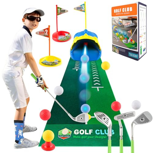 MYDOVA Ensemble de jouets de golf pour enfants, Mii Golf avec 1 retourneur automatique de golf Dioaur, 3 clubs de golf évolutifs, 6 balles et tapis de putting, jouet de tri intérieur et extérieur,