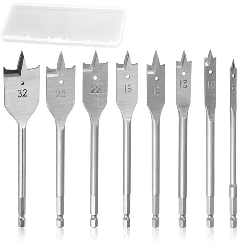 Kasoud Spade Drill Bit Set, 8PCS Hole Drill Bits for Wood, Drill Bits for Wood, Wood Drill Bit, ø 6-32 Mm, Carbon Steel Heavy Duty Hex Shank Paddle Bit Tools for Plywood Plastics Chipboard Cuts