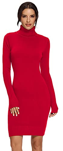 Avacoo Robe en Tricot Femme Midi Élégante 2025- Pull Col Roulé Manches Longues Hiver - Taille Haute en Laine Douce - Style Tunique Chic pour Bureau ou Sortie 38/Rouge