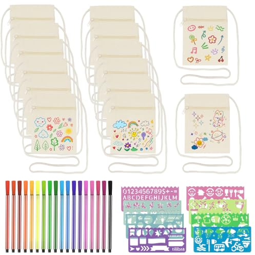 BORISCA 40 sacchetti di stoffa da dipingere per bambini, 14 sacchetti da dipingere con 18 penne colorate e 8 stencil per pittura, piccole borse a tracolla per scuole, corsi di bricolage, regali fai da