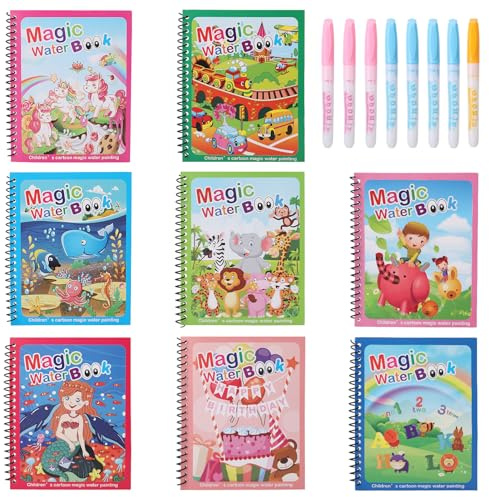 GSrenyu 8 Set Magic Water Colouring Books with Water Pens for Toddlers | Reusable, Water Painting Books With 8 Water Pen, Animal, Cartoon, Educational, Enhance Creativity and Focus