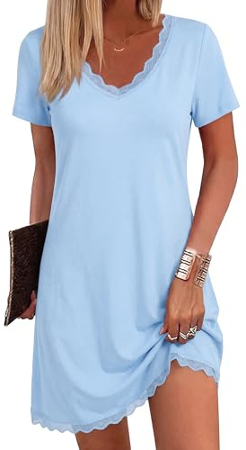 Bresdk Nighties for Women Ladies Short Sleeve Nightdresses for Women UK | Soft breathable fabric, gentle stretch, lace V-neck and hem, relaxed fit for bedtime and home lounging