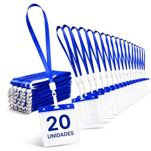 Pack 20 Porta Tarjetas Identificativas con Lanyard Azul y Funda Transparente de 110x80mm | Portatarjetas Colgante para Credenciales, Oficina, Eventos y Acreditaciones (Pack 20)
