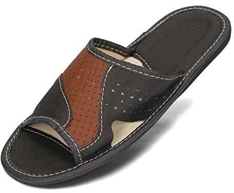 BeComfy Zapatillas de Casa para Hombres 100% Cuero Genuino Zapatillas de Verano Puntera Abierta 40-46 EU (Negro Marrón claro, 46)
