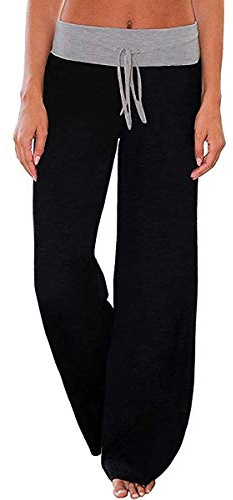 Elsofer Women's Comfy Lounge Pants Soft Black Pajama Pants Loose Drawstring Wide Leg Palazzo Pants for Sleep, Casual Wear (L, Pure Black)