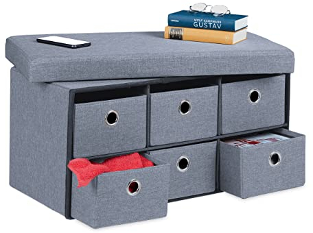 Relaxdays Panca Contenitore con 6 Cassetti, Pieghevole, Ingresso o Camera Letto, HLP: 39x76x38 cm, Porta Giochi, Grigio