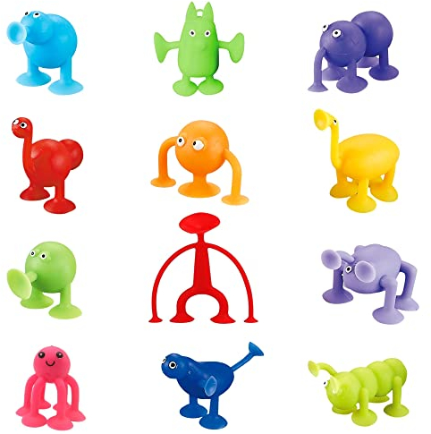 Steemjoey 12 Stück Saugnapf Spielzeug, Badespielzeug Weiche Silikonbausteine Saugspielzeug mit Tierform für Stressabbau Eltern-Kind Interaktives Spiel