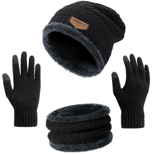 Winter Beanie Hat Circle Scarf Touchscreen Gloves Set Snow Knit Skull Cap
