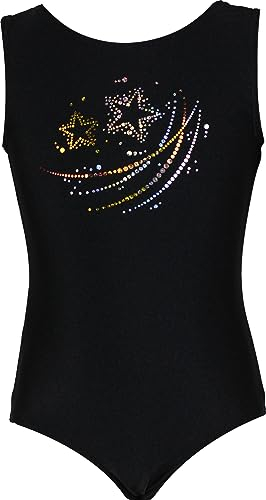 GymStern Gymnastikanzug Sterne Lycra Mädchen Turnanzug Kurzarm Kinder Turnbody kurzärmlich, Größe:146/152, Farbe:Lycra in Schwarz/STERNCHEN