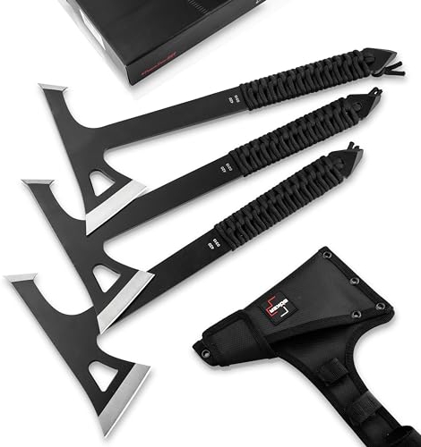 BÖKER PLUS® Mohican - Wurfaxt 3 er Set schwarz - Doppelaxt aus 3Cr13 Stahl - Bushcraft-, Camping-, Outdoor- & Survival-Beil - Hatchet Axe Kit für Wurf-Training - Full-Tang Axt mit Paracord-Griff