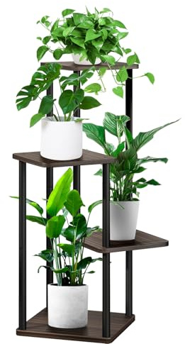 YOCOMEY 4-Tier Hölzern Blumenregal Pflanzenregal, Mehrstöckig Blumenständer Pflanzenständer Blumenbank Blumentreppe Pflanzentreppe Standregal für Innen Garten Balkon Deko(Schwarz Eiche)