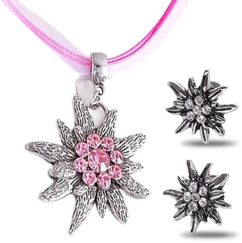 FloralGrace 3 Stück Trachtenschmuck Damen Set (rosa) Edelweiß Anhänger Ohrstecker Halskette&Ohrstecker Bierfest Trachten Bayerisch Dirndlschmuck Trachtenkette