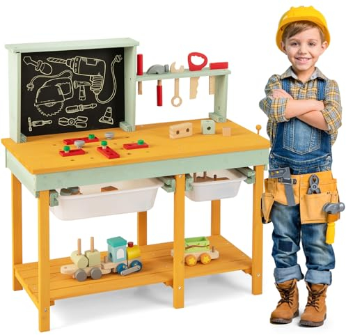 DREAMADE Werkbank Kinder, Werkzeugbank aus Holz für Kinder mit 16 Zubehör, Werkbank Spielzeug Set mit Werkzeugständer & Kreidetafel, Werkbank für Kinder ab 3 Jahren