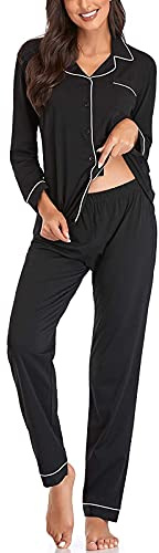 Pigiama a Maniche Lunghe in Cotone con Bottoni a Maniche Lunghe da Donna in Colore Set da Pigiama Slim per la casa Pigiama Donna Estivo Allattamento Pigiama Morbido (Black, M)