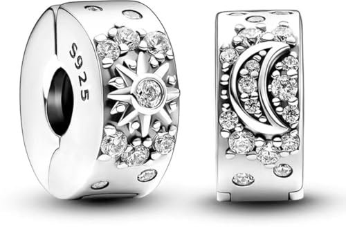 NJCXOLA Charms Anhänger Damen 925 Sterling Silber Sonne Mond Sterne Pavé Clip Zirkonia Bead Charm Stopper Schmuck Geburtstagsgeschenke Denkmal für Frauen Freundin Mutter