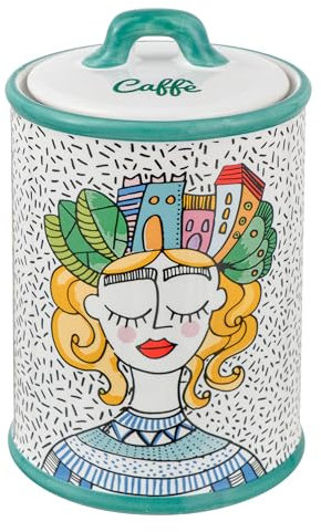 Baroni Home Pot à Café en Poudre Décoré en Céramique avec Couvercle Hermétique, Porte-Café Accessoire de Cuisine Coloré et Résistant, Ligne Stylish, 10,5x10,5x17 cm
