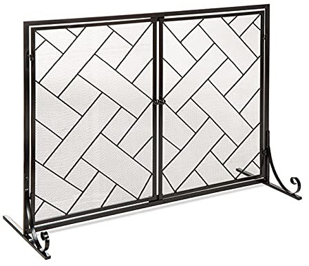 Fireplace Screen Guard, Rejilla de protección contra chispas de Puerta de hogar, Pantalla de Chimenea de Malla de diseño geométrico de Metal con 2 Puertas, Accesorios para Estufas de leña, c