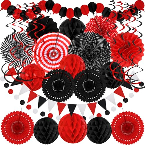 Decoración para Fiestas en Negro y Rojo - Guirnalda de Bolas de Panal y Banderines en Espiral Fácil de Montar - Suministros para Graduación, Cumpleaños y Fiestas Juveniles​