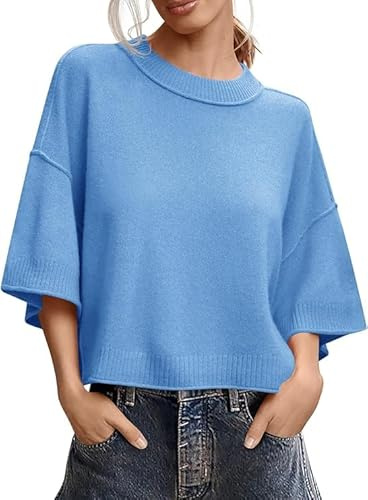 Saodimallsu Maglietta da donna a maniche corte, girocollo, oversize, T-shirt estiva, leggera, con maniche a pipistrello, maglione in tinta unita, elegante, top, Blu, XS