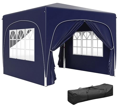 Outsunny Carpa Plegable 3x3 m, Cenador Pabellón de Jardín con Altura Ajustable de 3 Niveles, 4 Paredes Laterales, Ventanas y Bolsa Transporte, UPF50+, Impermeable para Fiestas, Exterior, Azul Oscuro