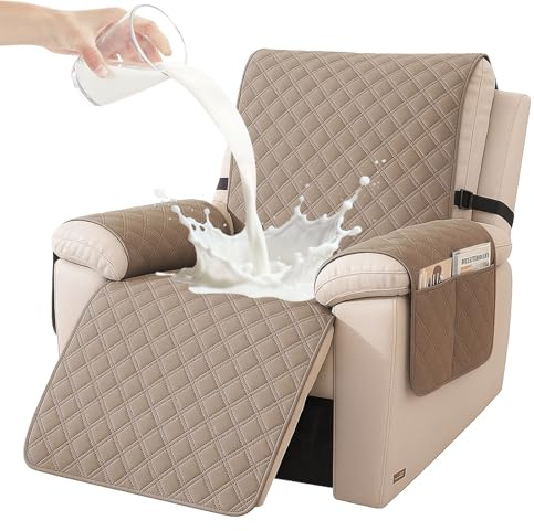 YSTELLAA Sesselschoner Wasserdichter 1 Sitzer, Sesselschoner Für Relaxsessel Mit Taschen, Sessel Bezug Anti-Rutsch Kratzfest, Sesselschoner Mit Armlehne, Für Kindern Und Haustieren, Hellbraun