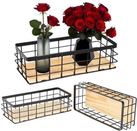 3 cestini in filo metallico con fondo in legno – Cestino a griglia in metallo per la conservazione in cucina, bagno e ufficio – Cestino portaoggetti in design industriale per scaffali, dispensa e