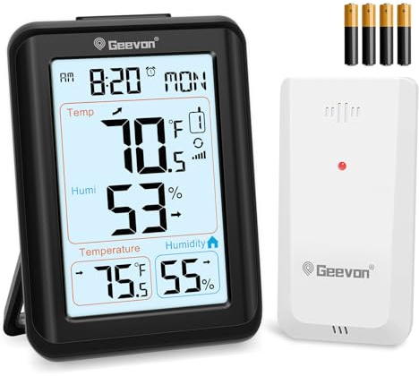Geevon Indoor Outdoor Thermometer Wireless Digital Hygrometer Temperature Gauge with Time, 200ft/60m Range Temperature Humidity Sensor (256300 TN Black with Batteries)