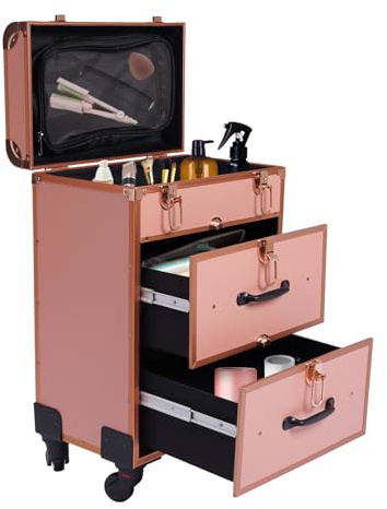 Valigetta per trucchi su rotelle, grande 36 × 23 × 58 cm, con serratura e manico estraibile e piastra in plastica ignifuga, robusto carrello per parrucchieri e studi di cosmetici, gold, moderno