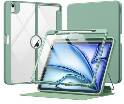 MoKo för iPad Air 13-tums fodral (M4/M3/M2) 2026/2025/2024 med pennhållare, kraftig 13-tums iPad Air fodral [inbyggt skärmskydd], klar baksida, multivinkelmagnetiskt stativ, agave-grön