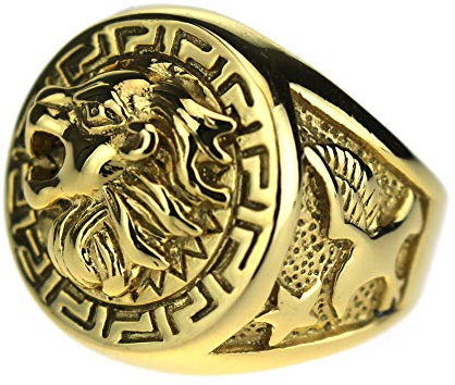 Mens Luxury Baller Lion Coin Emblem Stainless Steel Gold Jewel Ring Size 13