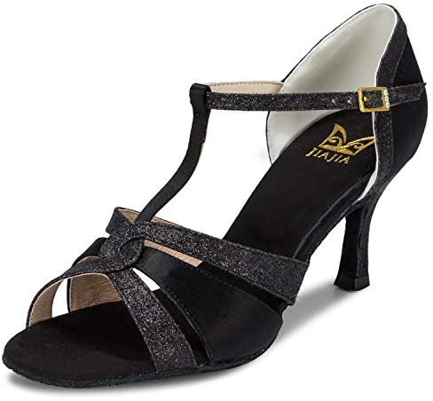JIAJIA 20519 Women's Satin Sandals Flared Heel Latin Salsa Performance Dance Shoes Colour Black,Size 5 UK/38 EU