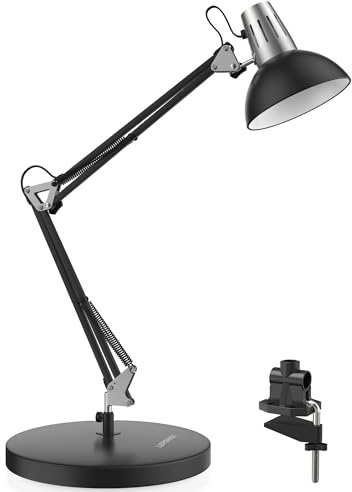 LEPOWER Metal Desk Lamp, Adjustable Goose Neck Architect Table Lamp with On/Off Switch, Swing Arm Desk Lamp with Clamp, Eye-Caring Reading Lamp for Bedroom, Study Room &Office (Black)