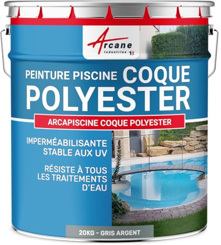 ARCANE INDUSTRIES Peinture Piscine Coque Polyester, Peinture Hydrofuge imperméabilisante, Piscine et Bassin - 20 kg (jusqu'à 65m² en 2 couches) Gris Argent - RAL 7001