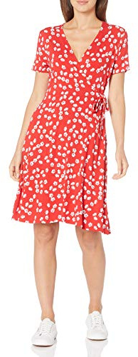 Amazon Essentials Abito Avvolgente a Maniche Corte Donna, Arancio Melone Fiori, M