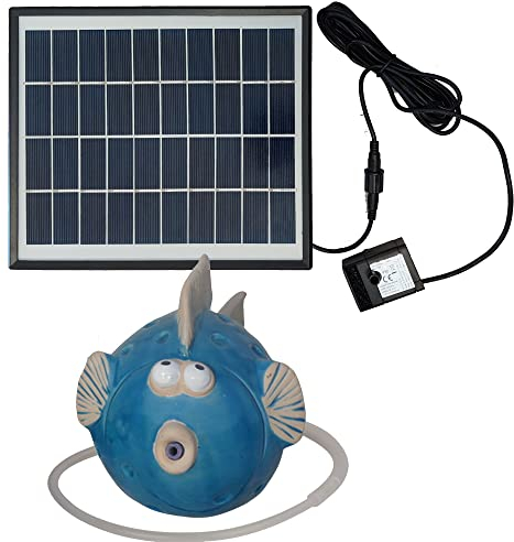 Storm's Gartenzaubereien Wasserspeier Fisch blau mit Akku Solarpumpe 12cm aus Keramik Laufzeit ohne Sonne 4-5 Stunden für Miniteiche