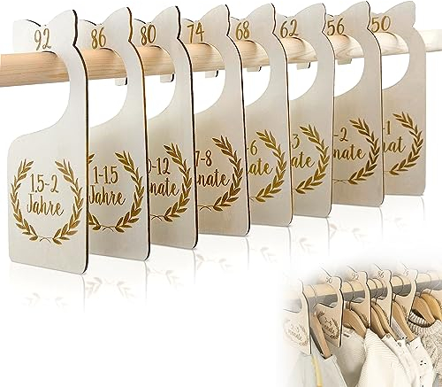 8 Stück Baby Größentrenner,Babykleidung Trenner Holz,Größenreiter 50-92,Babyschrank Trennwände für Babykleidung für Kleidungsklassifizierung (Hölzernes)