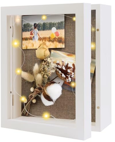 Brmeday 3D Bilderrahmen zum Befüllen 20x25cm, Weiß Bilderrahmen zum Aufklappen, Holz Objektrahmen mit 8 Stecknadeln für Wandbehang Hochzeit Muttertag, mit LED Lichterkette