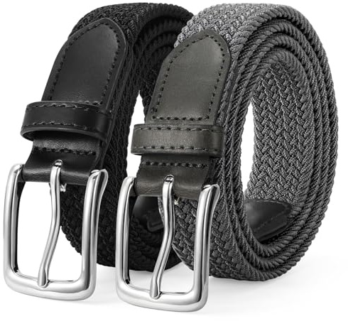 LEACOOLKEY 2 Pack Men’s Braided Elastic Belts Casual Stretch Woven Golf Belts for Jeans Pants， Black+Grey with silver buckle 1.18 wide