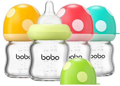YOHKOH Weithals-Babyflasche aus Glas, Anti-Colic Glas-Babyflaschensets mit Ultra Soft Silikon-Sauger, für Neugeborene Babys ab 1 Monat (Mehrfarbig, 100ml (4er Pack))