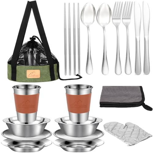 Camping Mess Kit - 23Pcs Camping Dishes Includes Cups, Bowls, Knives, Forks, Spoons, Camping Dinnerware Set Camping Cooking Utensils Accessories Plates Dinnerware Set