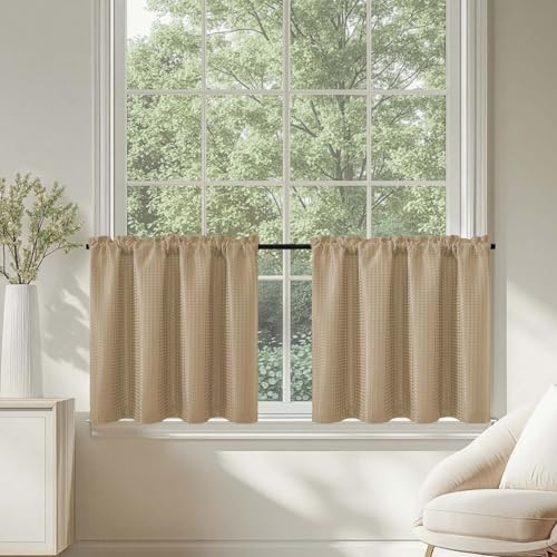 TOPICK Cortinas opacas para la cocina, marrón, cortina bistro con cordón, cortinas con patrón de gofre, translúcidas, cortinas de cocina para ventanas pequeñas, oscurecimiento, estilo rústico, juego