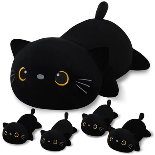 SQEQE Black Cat Plush, Cute Black Cat Stuffed Animals with 4 Baby Black Kitten Plushies in Her Tummy, Soft Giant Black Cat Pillow Toy Gift for Kids Adults