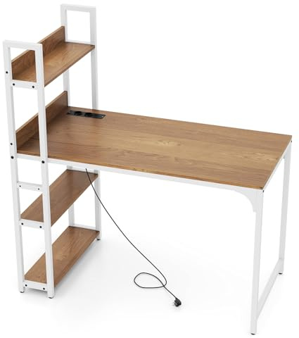 LIFEZEAL Escritorio de Oficina con Estación de Carga USB Tipo-C y 2 Enchufes - Mesa de Trabajo de Madera con 3 Estantes y Estructura Metálica - 120x65x130 cm (Marrón)