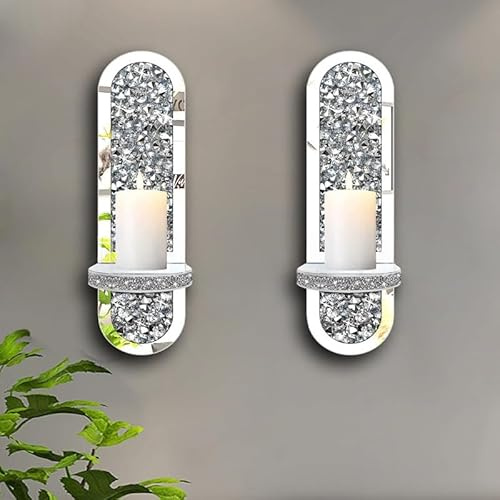 DEENZ Crystal Set of 2 Wall Chandelier Silver Mirrored Candle Holders with Crushed Diamond Design 38x11x10 cm. (Oval)