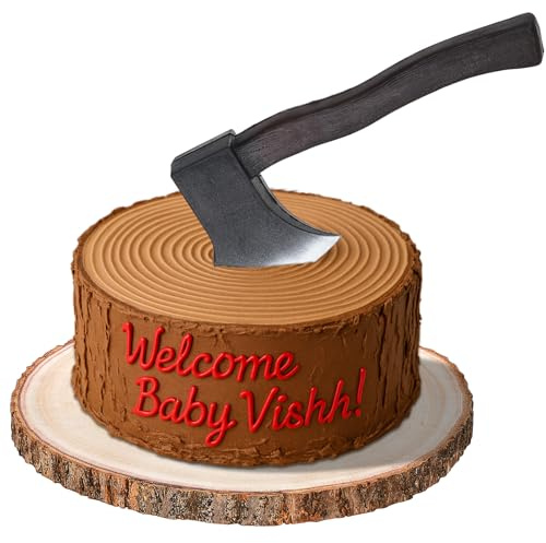 Beeveer 2 Pcs Cake Stand and Lumberjack Axe Wooden Slice Centerpiece with Soft Foam Hatchet for Halloween Farmhouse Woodland Themed Birthday Party Decor