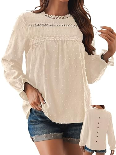 TUUHAW Women Tops Round Neck Long Sleeve Shirts Boho Crochet Casual Autumn | Swiss Dot Blouses, Flowy Lace Hem Clothing, Elegant Smocked, Basic Plain, Bardot Peplum Shirts, Vintage Holiday Tee Shirt