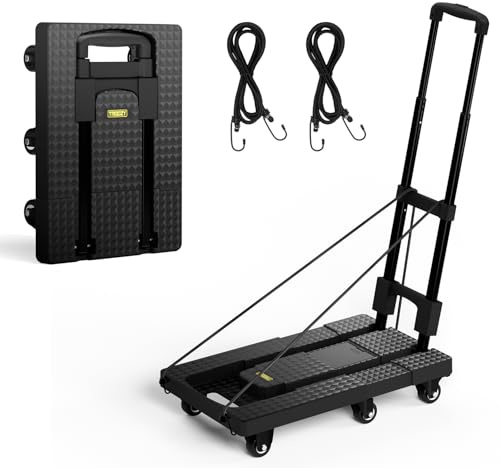 TROOZY Carretilla de Mano Plegable, Carrito con 6 Ruedas (2 con Freno) y 2 Correas elásticas, Carrito Resistente de 440 Libras para mudanzas, Viajes, Equipaje, Compras, Uso de Oficina, Color Negro