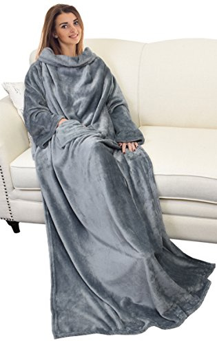 Catalonia Classy - Coperta con maniche da regalare a donne e uomini, in pile, coperta soffice e calda da indossare, coperta per adulti, 185 x 130 cm, Grigio scuro, Fleece